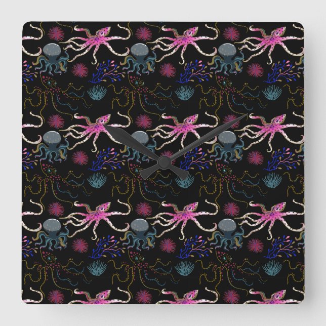 Aquatic animals pattern | ocean underwater life 28 square wall clock (Front)