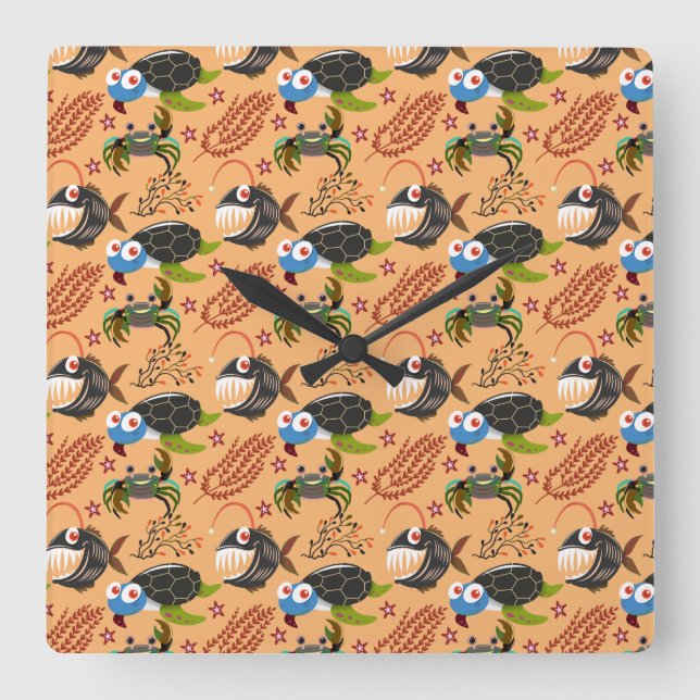 Aquatic animals pattern | ocean underwater life 32 square wall clock (Front)