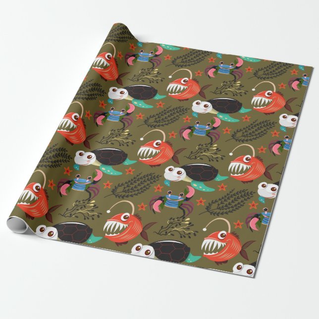 Aquatic animals pattern | ocean underwater life 36 wrapping paper (Unrolled)