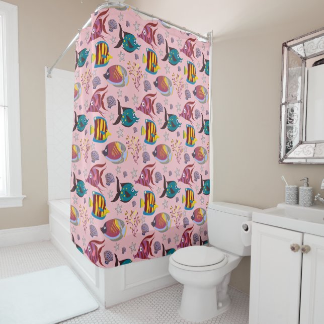 Aquatic animals pattern | ocean underwater life 3 shower curtain (In Situ)