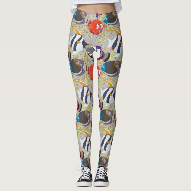Aquatic animals pattern | ocean underwater life 40 leggings (Front)