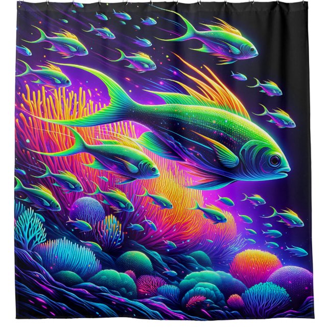 “Aquatic Dance: Neon Serenity Curtain” Shower Curtain (Front)