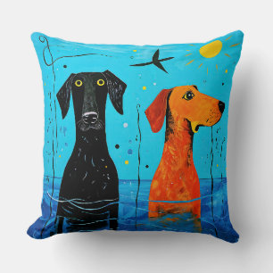 "Aquatic Duo of Joy" - Surreal Colourful Dogs Cushion
