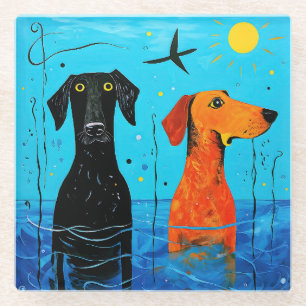 "Aquatic Duo of Joy" - Surreal Colourful Dogs Glass Coaster