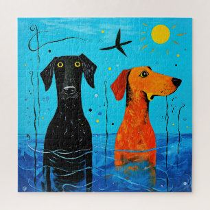 "Aquatic Duo of Joy" - Surreal Colourful Dogs Jigsaw Puzzle