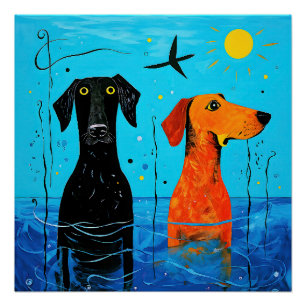 "Aquatic Duo of Joy" -  Surreal Colourful Dogs     Poster