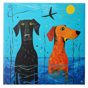 "Aquatic Duo of Joy" - Surreal Colourful Dogs Tile