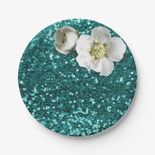 Aquatic Emerald Floral White Jasmine Glitter Paper Plate