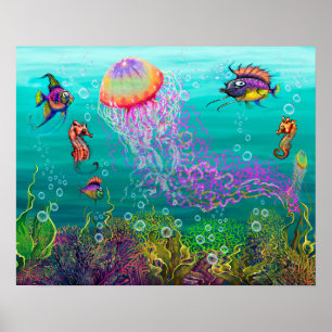 Aquatic Fantasy Scene with Jellyfish Poster