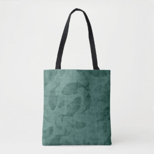Aquatic Fish Stencil Art Teal Bokeh Pattern Tote Bag