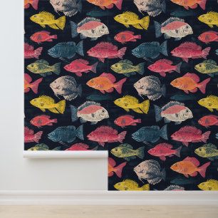Aquatic Life Fish Species Chalk Drawing Pattern Wallpaper