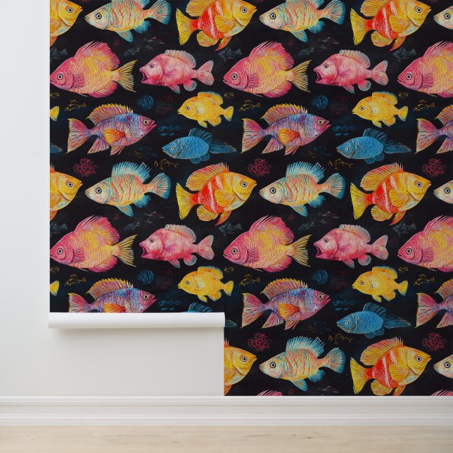 Aquatic Life Swimming Fish Chalk Drawing Pattern  Wallpaper (Application)