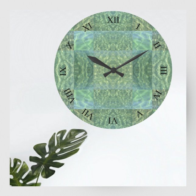 Aquatic Ocean Green and Seafoam Patchwork Wall Large Clock (Creator Uploaded)