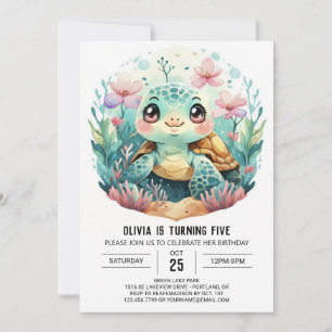 Aquatic Pink Turtle Girl Birthday Invitation