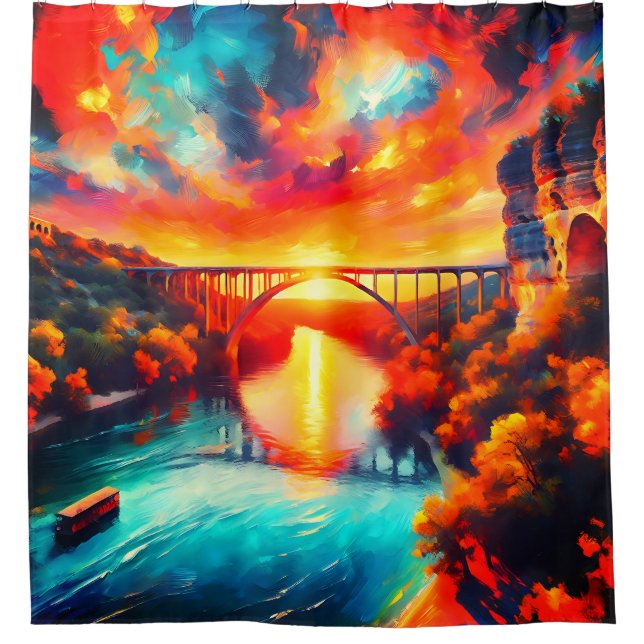 "Aquatic Serenity - Comal River Sunset Art" Shower Curtain (Front)