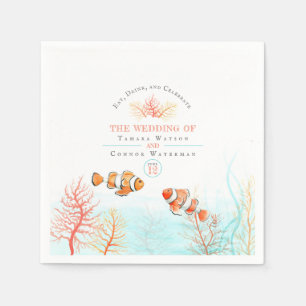 Aquatic wedding coral and clown fish watercolor napkin