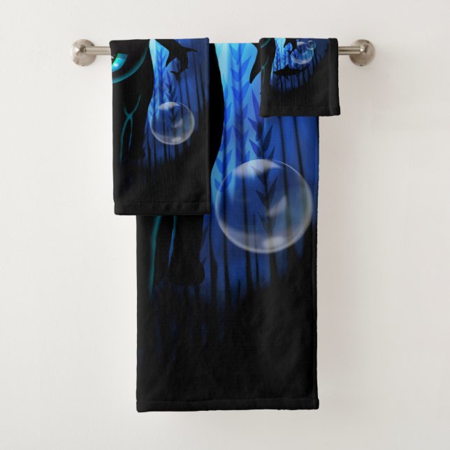 Aquaticat - Surreal Cat in Deep Ocean Fantasy Bath Towel Set (Insitu)