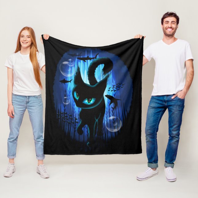 Aquaticat - Surreal Cat in Deep Ocean Fantasy Fleece Blanket (In Situ)