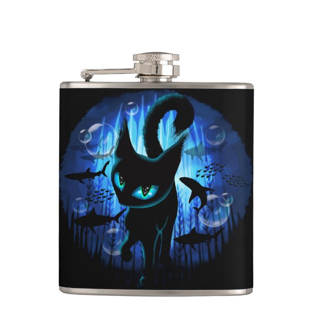Aquaticat - Surreal Cat in Deep Ocean Fantasy Hip Flask (Front)
