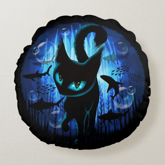 Aquaticat - Surreal Cat in Deep Ocean Fantasy Round Cushion (Front)