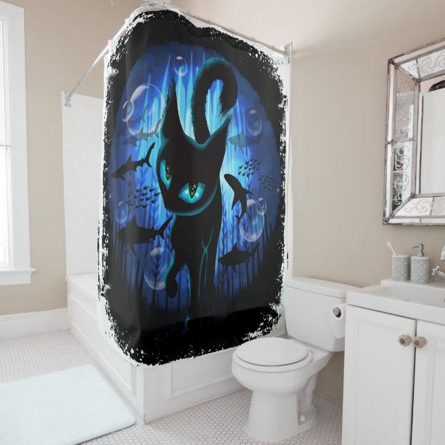 Aquaticat - Surreal Cat in Deep Ocean Fantasy Shower Curtain (In Situ)