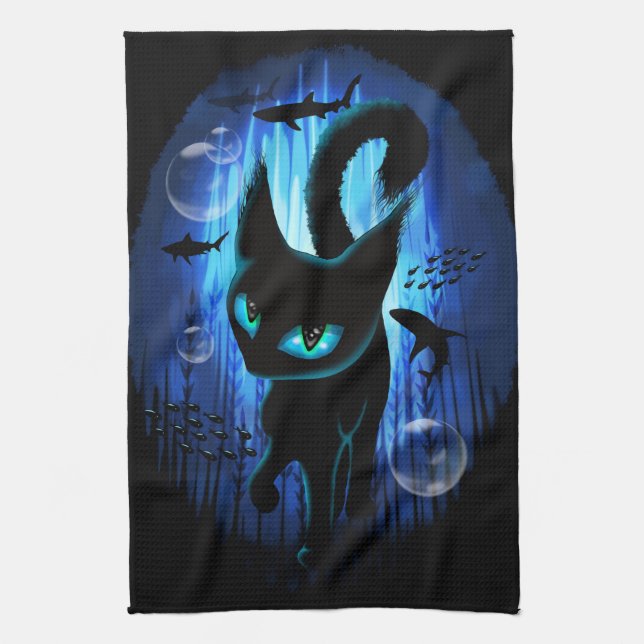 Aquaticat - Surreal Cat in Deep Ocean Fantasy Tea Towel (Vertical)