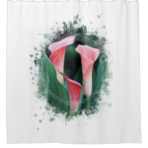 *~*  AR12 Artistic Floral Calla Lily Coral Green Shower Curtain