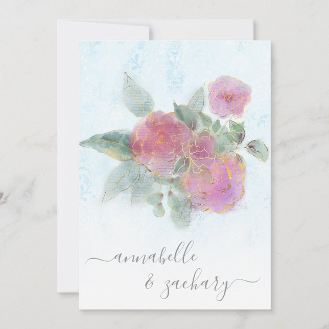 *~* AR12 QR  Damask RSVP Rose Bouquet Wedding Invi Invitation (Front)