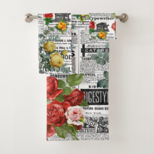 * AR23 Floral Flower Vintage Newsprint Newspaper Bath Towel Set