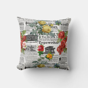 * AR23 Roses Floral Flower Vintage Newsprint Cushion