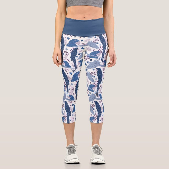 Ara Parrot Blue Drawing Tropical Leave Pattern Capri Leggings (Front)