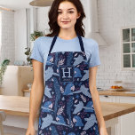 Ara Parrot Blue Tropical Leaf Pattern Monogram Apron<br><div class="desc">Ara Parrot Blue Tropical Leaf Pattern Monogram Apron. Blue ara parrots in a pattern on dark blue background with tropical leaves. Add your name and monogram.</div>