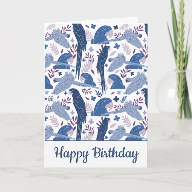 Ara Parrot Blue Tropical Leave Pattern Birthday  Card (Front)
