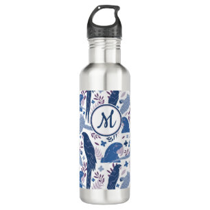 Ara Parrot Blue Tropical Leave Pattern Monogram  710 Ml Water Bottle