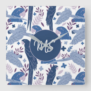 Ara Parrot Blue Tropical Leave Pattern Monogram  Square Wall Clock