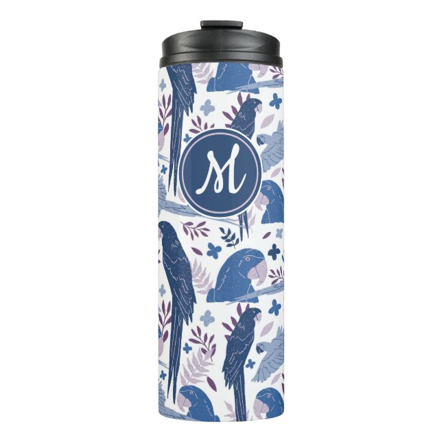 Ara Parrot Blue Tropical Leave Pattern Monogram  Thermal Tumbler (Front)