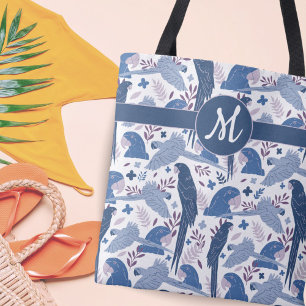 Ara Parrot Blue Tropical Leave Pattern Monogram Tote Bag