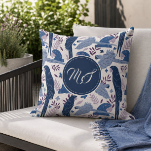 Ara Parrot Blue Tropical Pattern Monogram Cushion
