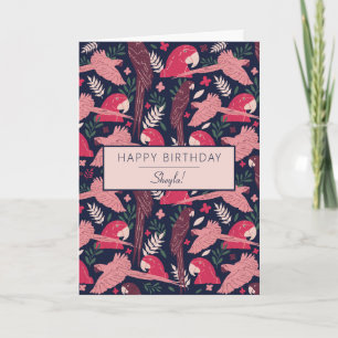 Ara Parrot Pink Tropical Leave Pattern Birthday Card