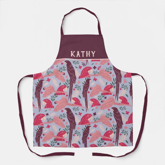 Ara Parrot Red Burgundy Tropical Leaf Pattern Name Apron (Front)