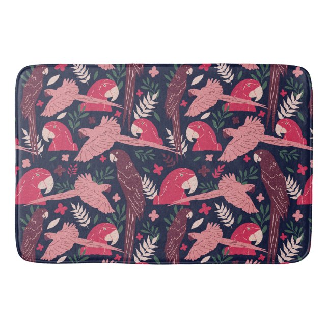 Ara Parrot Red Pink Drawing Tropical Leave Pattern Bath Mat (Front)