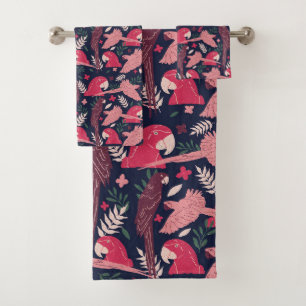 Ara Parrot Red Pink Drawing Tropical Leave Pattern Bath Towel Set