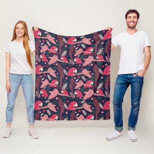 Ara Parrot Red Pink Drawing Tropical Leave Pattern Fleece Blanket