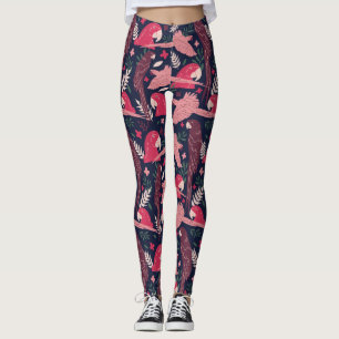 Ara Parrot Red Pink Drawing Tropical Leave Pattern Leggings
