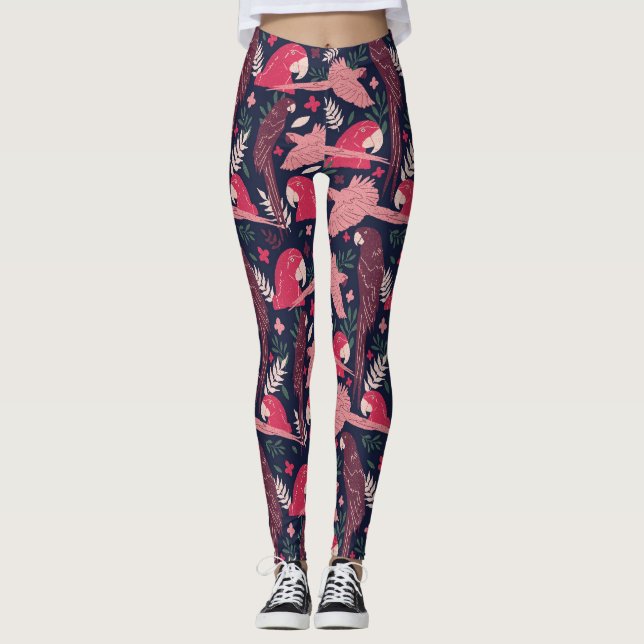 Ara Parrot Red Pink Drawing Tropical Leave Pattern Leggings (Front)
