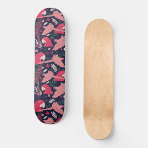 Ara Parrot Red Pink Drawing Tropical Leave Pattern Skateboard