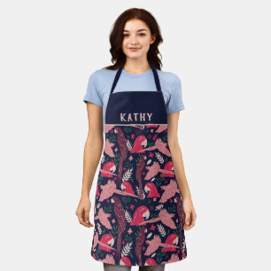 Ara Parrot Red Pink Tropical Leaf Pattern Name Apron