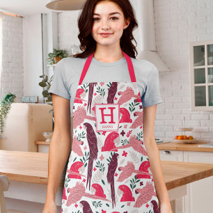 Ara Parrot Red Tropical Leaf Pattern Monogram Apron
