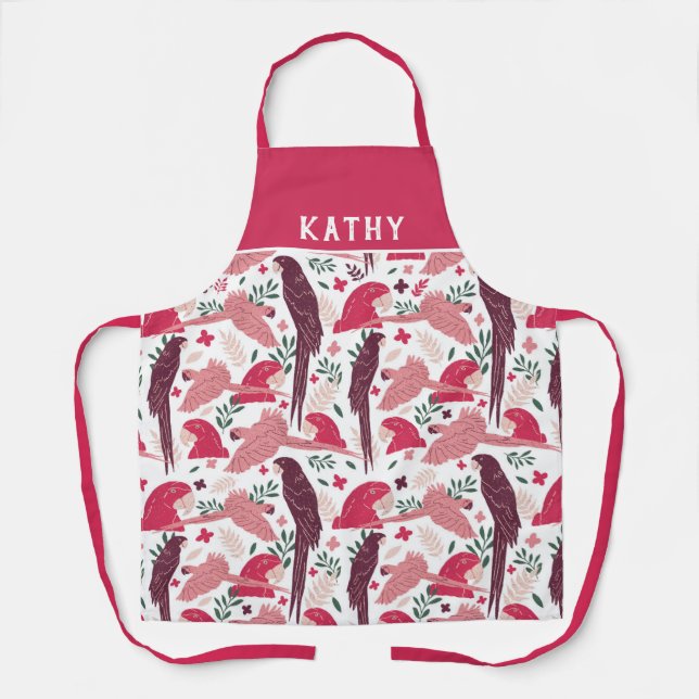Ara Parrot Red Tropical Leaf Pattern Name Apron (Front)