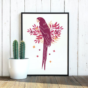 Ara Parrot Red Tropical Leaves Drawing Poster